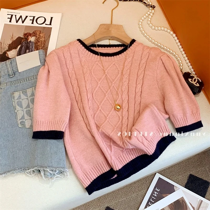 【清库存NO退NO换】小香风针织短袖撞色短款上衣