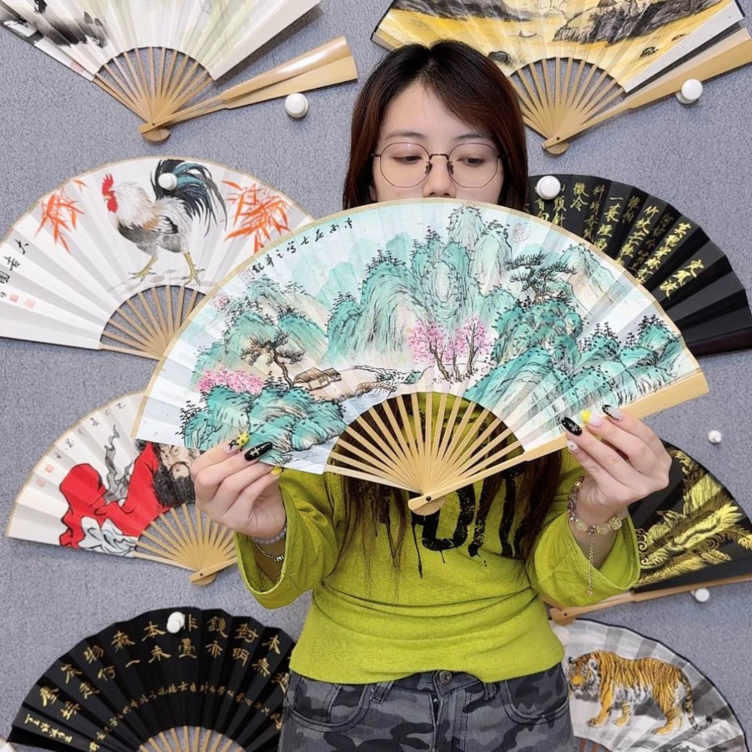 书法8寸水磨玉竹-纯手绘-文玩扇骨（默认粘好）