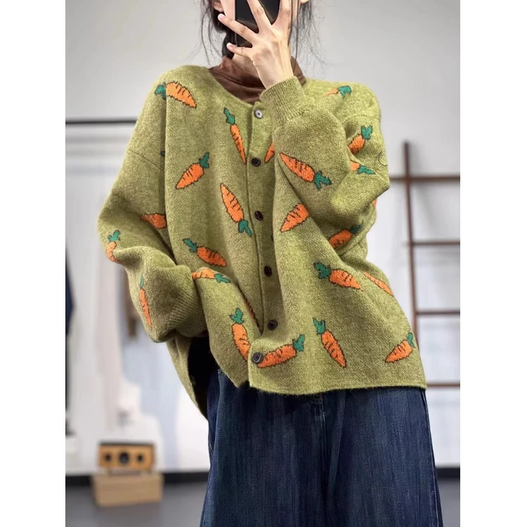 复古撞色印花毛衣针织开衫外套女秋冬款宽松休闲慵懒风圆领针上衣