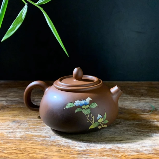 建水紫陶茶壶窑变渐变色陶瓷壶彩填山茶花陶瓷壶功夫茶壶手把壶
