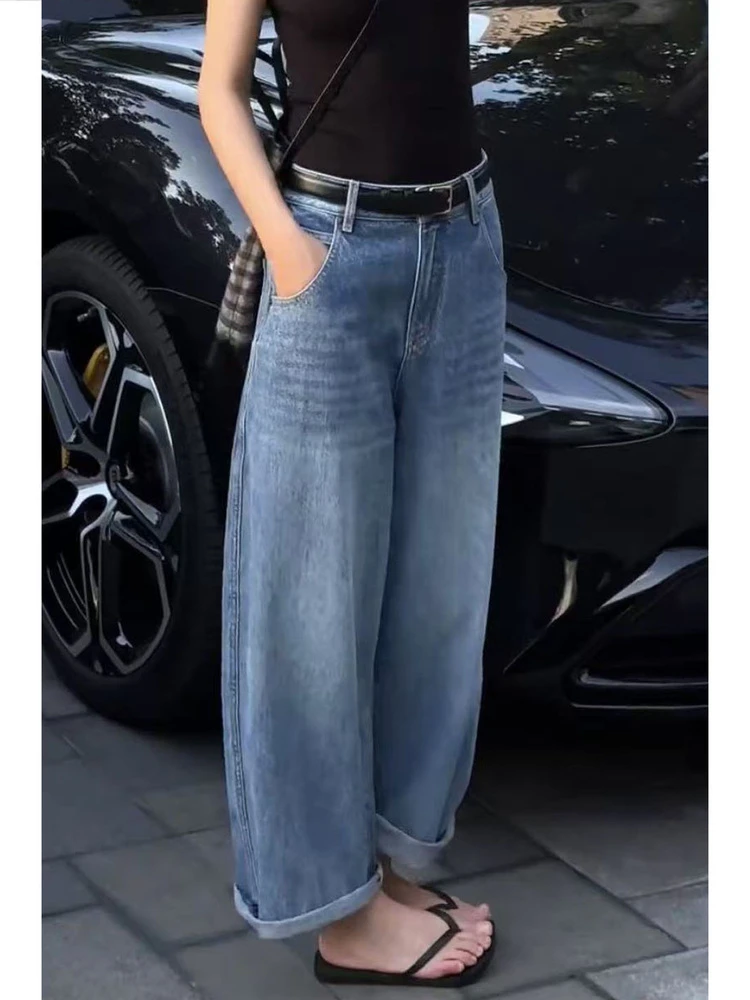 2025年秋季新款弹力显瘦直筒牛仔裤女高腰大码宽松百搭窄版阔腿裤