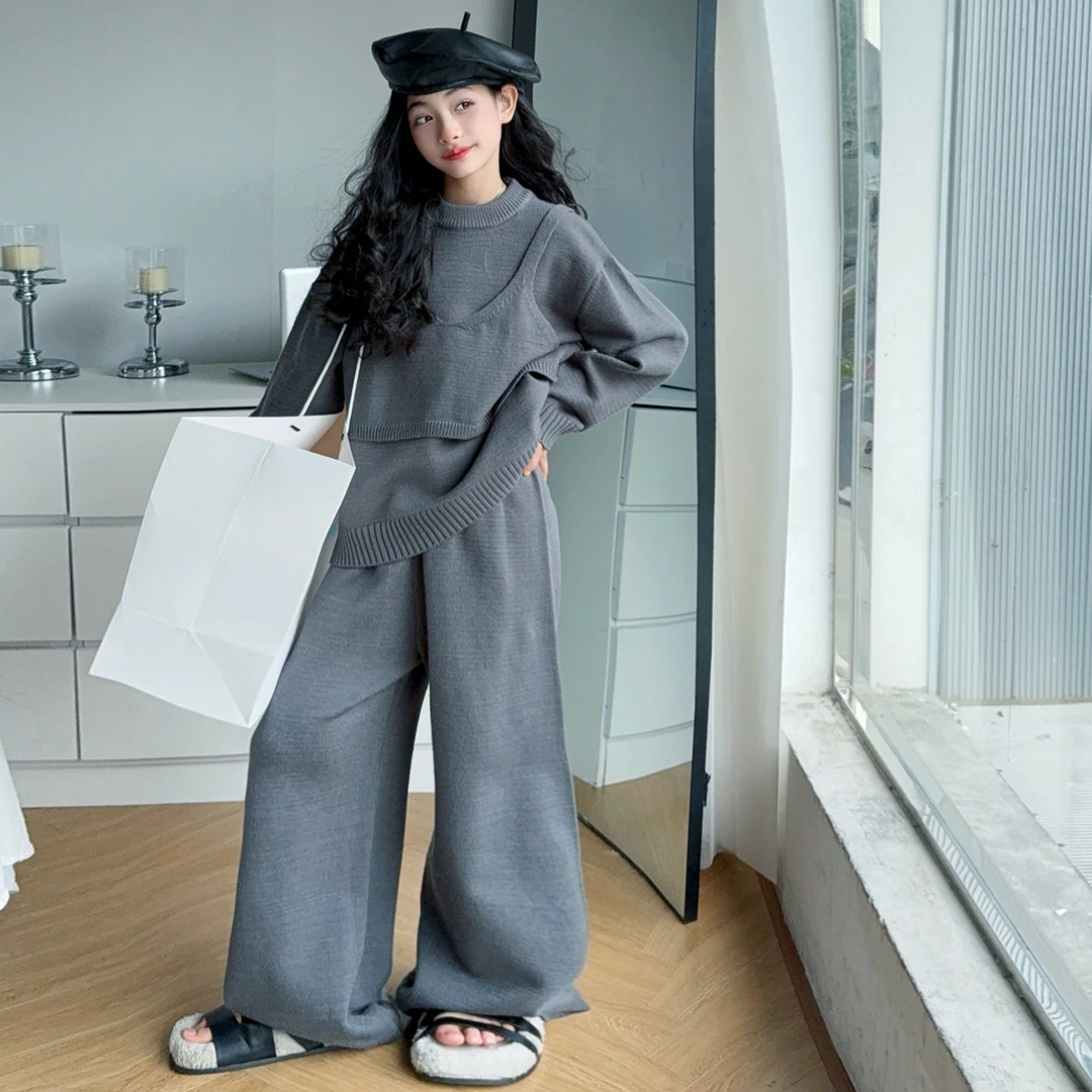 女童套装毛衣慵懒炸街叠穿吊带背心毛线阔腿裤三件套2025大童秋装