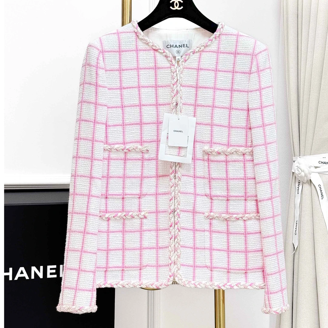 99新 Chanel/香奈儿 38码 23C白色拼粉色格子长袖编织外套