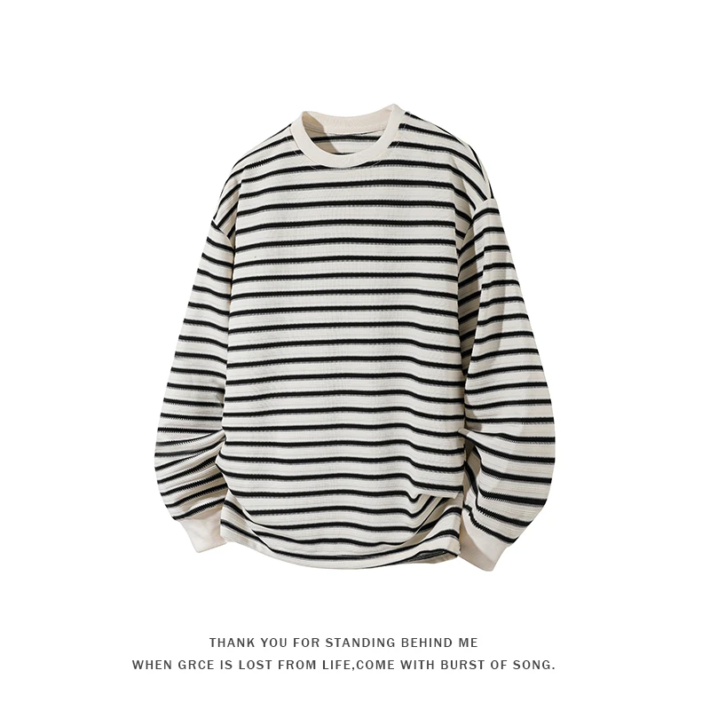 2025新款慵懒中性风黑白条纹t恤卫衣男女宽松长袖上衣经典打底衫