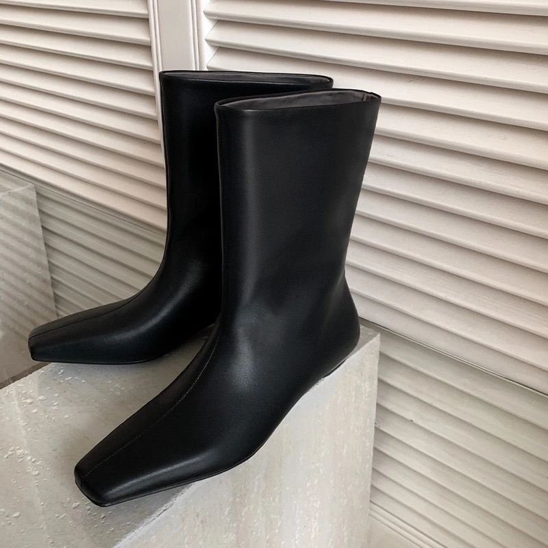 【H.MDSL】新款复古宽松直筒简约中筒靴方头坡跟百搭靴#1892