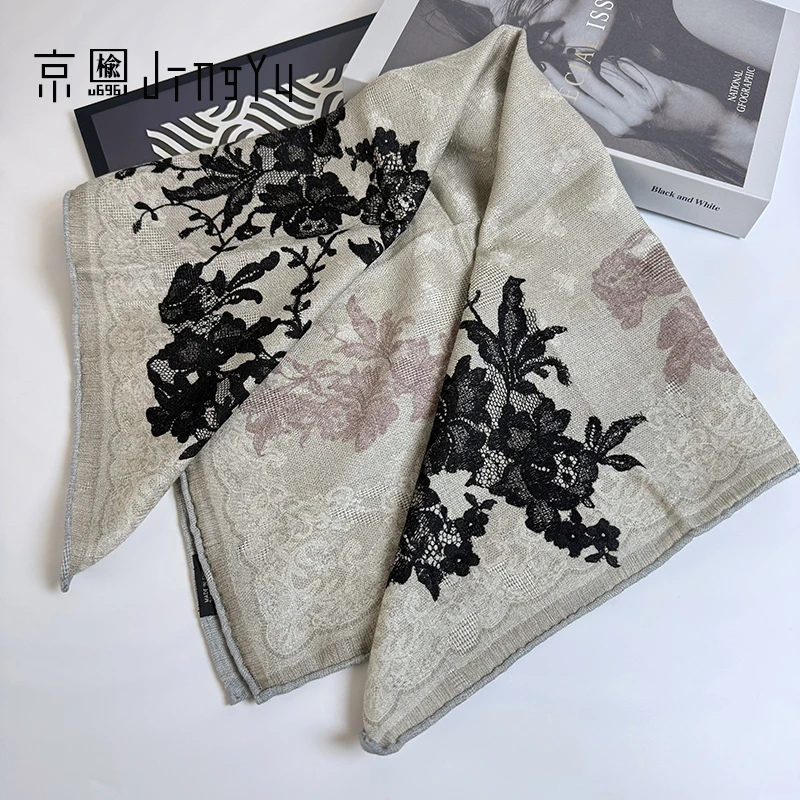 京榆 丨蕾丝花丨双面提花罗孔桑蚕丝+山羊绒中方巾围巾65*65cm