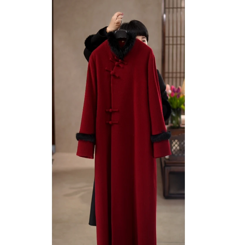 直播间特价 2025年春秋冬百分百全羊毛兔毛新中式盘扣大衣A3753