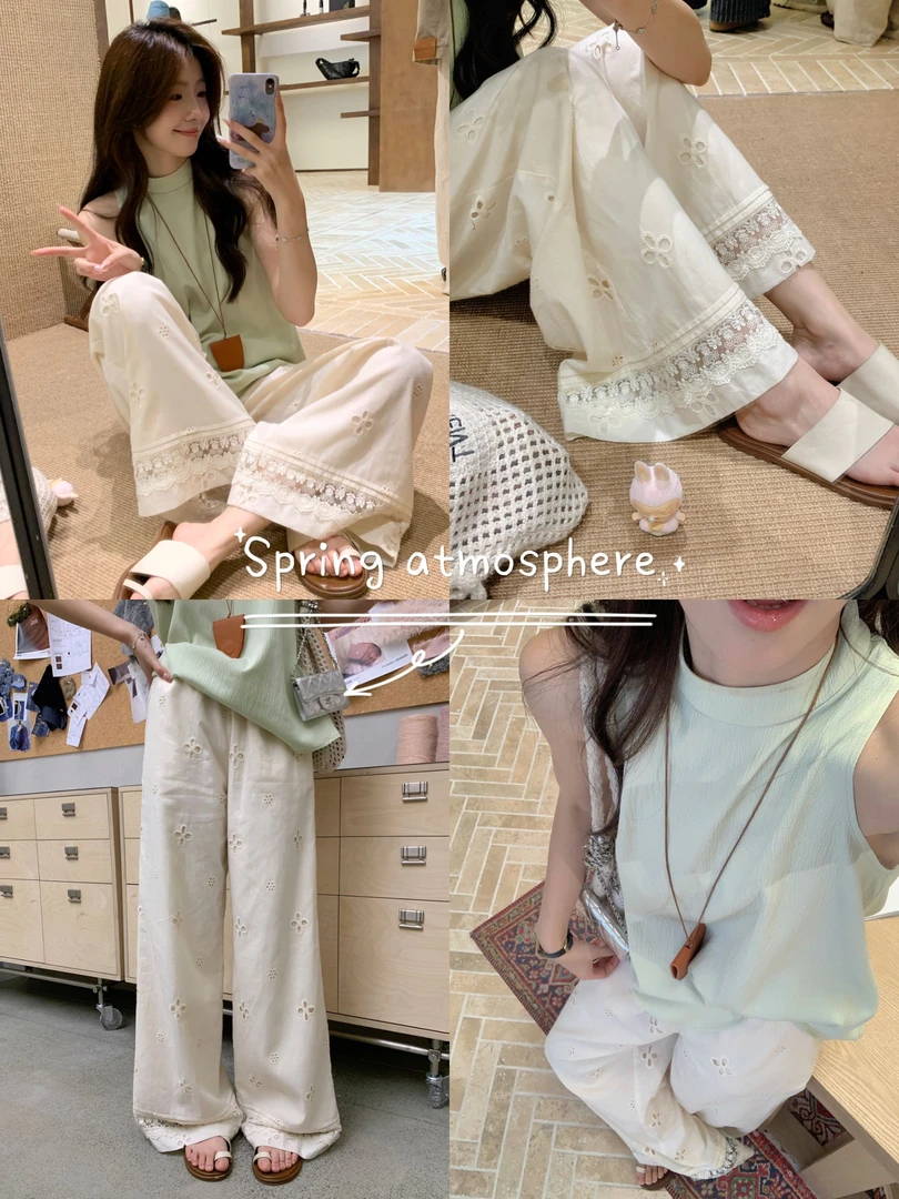 Even一雯【雪顶奶霜】韩系高智感镂空气质宽松舒适休闲百搭阔腿裤