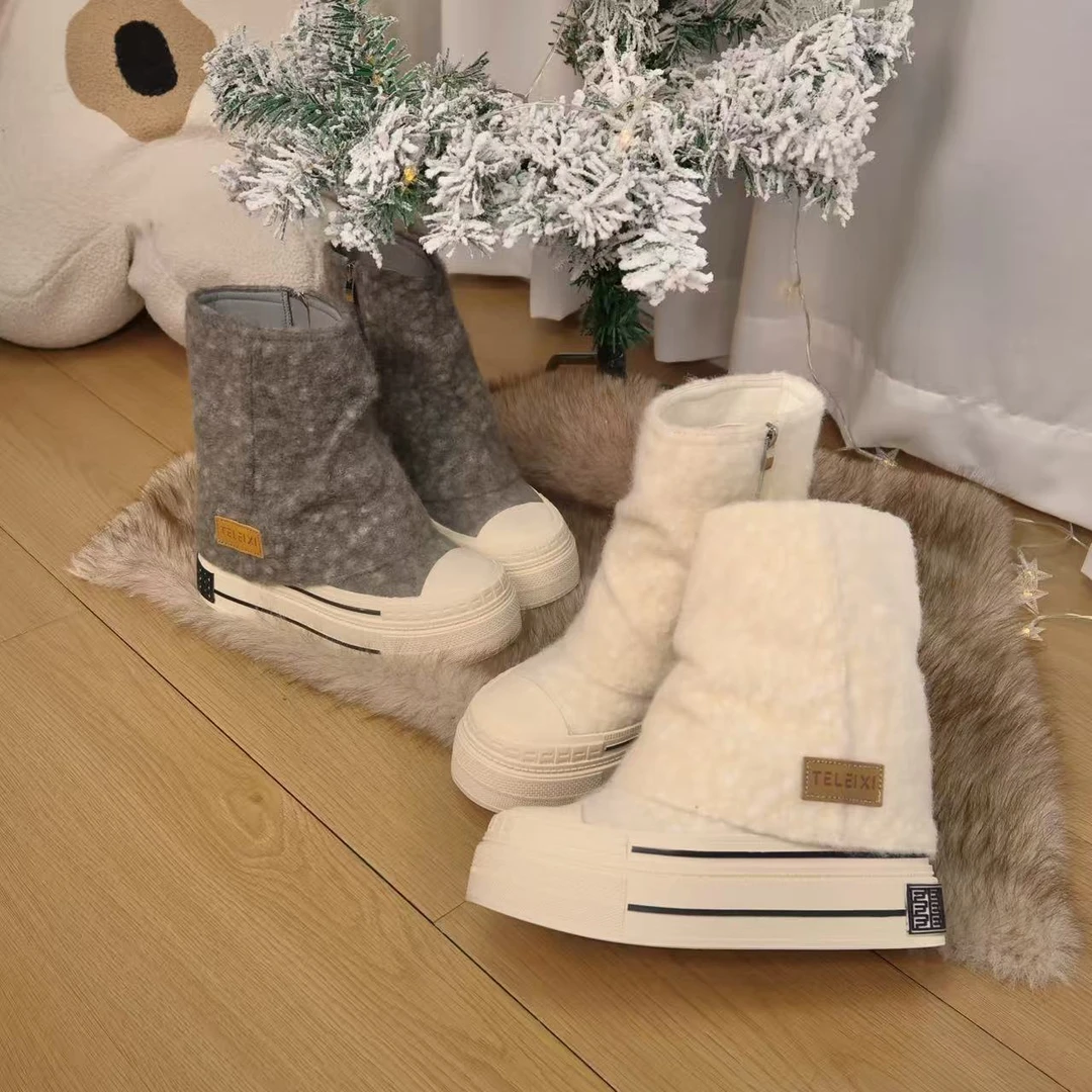 【12cm】隐形内增高休闲鞋厚款圆头毛呢裤管靴雪地靴舒适秋冬纯色
