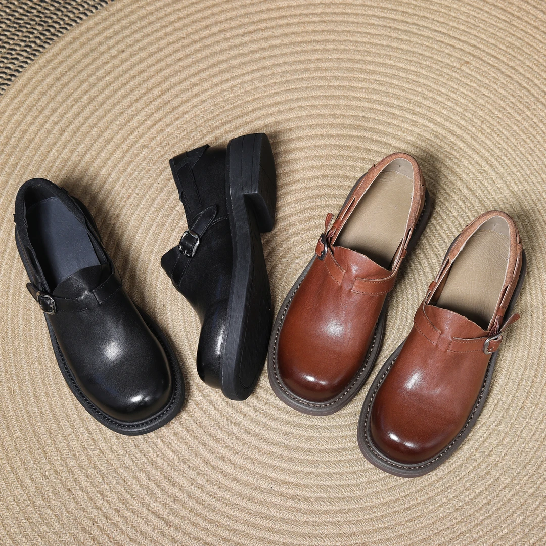 2025春头层牛皮手工翻边小皮鞋女英伦风粗跟复古搭扣休闲单鞋