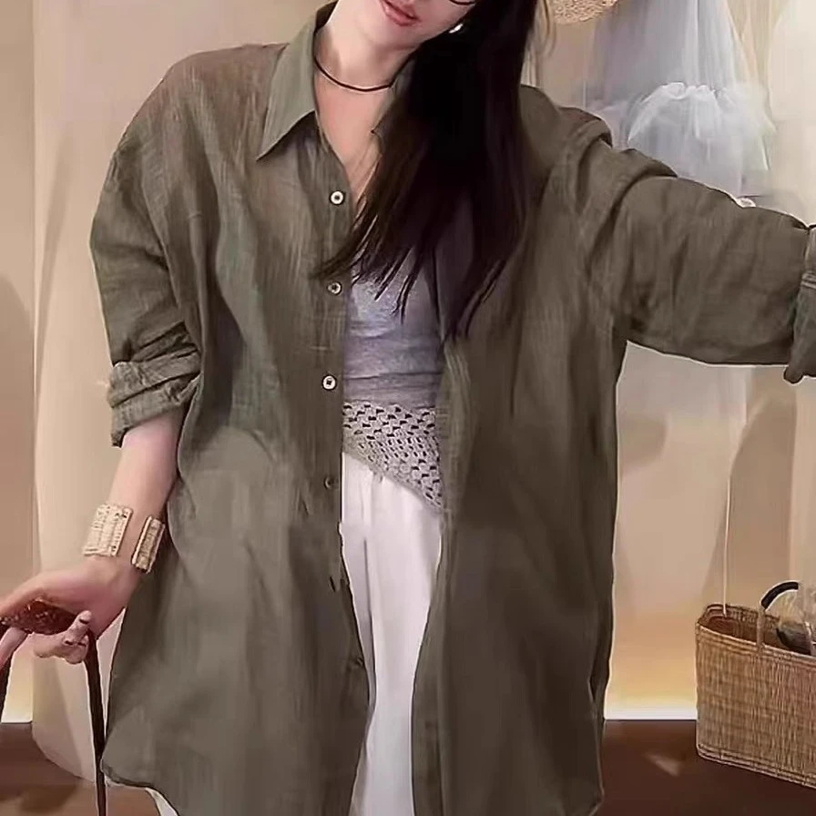 现 向日葵欧尼同款韩国东大门宽松翻领肌理感亚麻长袖衬衫