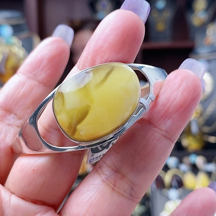 琥珀手镯银S925镶嵌手镯