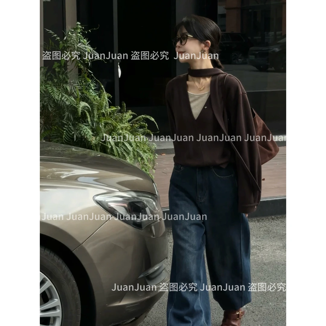 【内在美】秋季新品拼色套头上衣假两件毛针织衫