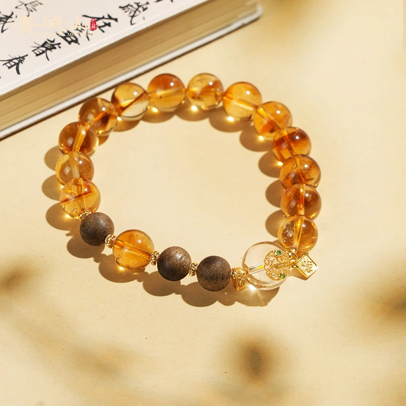 青城山【金缕沉光】天然黄水晶10mm暴富五路财白水晶手串