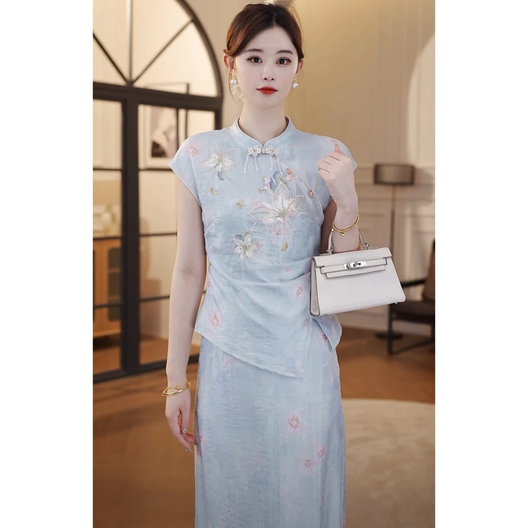 【嘉嘉JIANG】铃兰轻语 新中式国风盘扣气质短袖套装 XJ252A3177