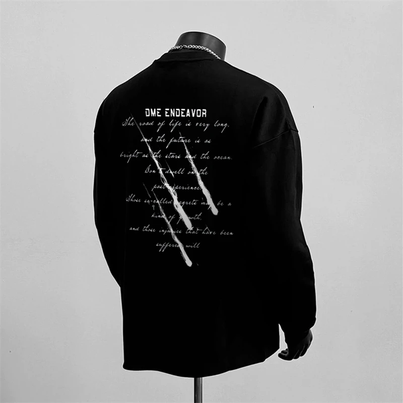 重磅纯棉潮牌美式打底衫潮流个性印花男女秋季圆领宽松百搭长袖