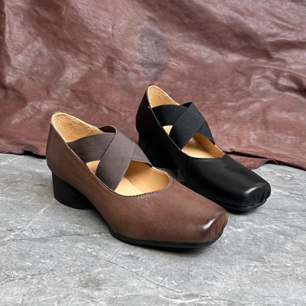 猪鼻子芭蕾舞鞋女马皮手工复古做旧绑带浅口方头粗跟单鞋123-5A