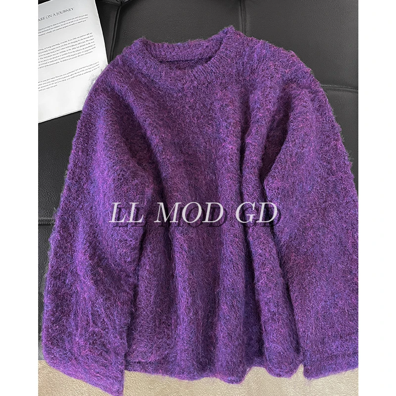 紫韵衣织 长袖宽松毛衣秋冬保暖百搭圆领厚款针织上衣YLXR-254986