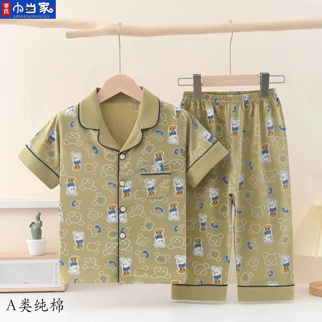 a类纯棉儿童款睡衣夏季薄款宝宝中大童短袖七分裤睡衣空调服套装