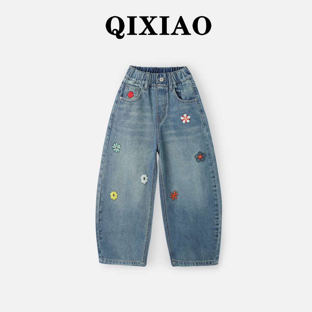 女童秋季牛仔裤2025新流光风花朵刺绣款中大童百搭宽松弯刀裤A126