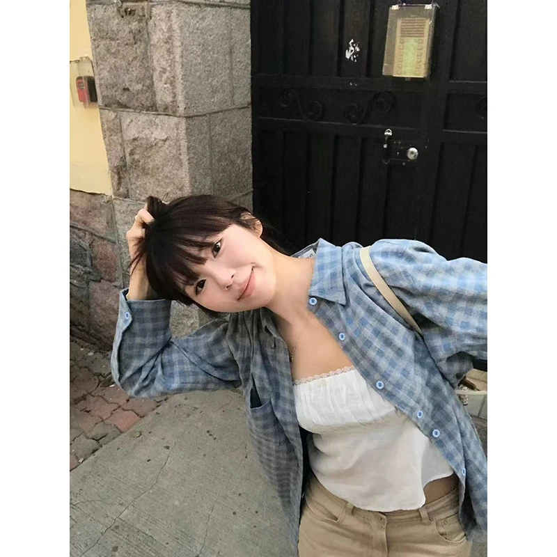 蓝灰格纹厚款磨毛衬衫韩系女友感长袖百搭小众宽松港味休闲复古