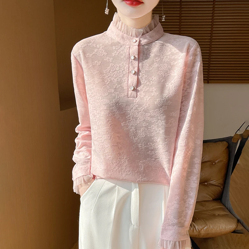 【崔万志工厂】精纺羊毛半高领蕾丝花朵针织衫春秋显瘦长袖时尚洋气