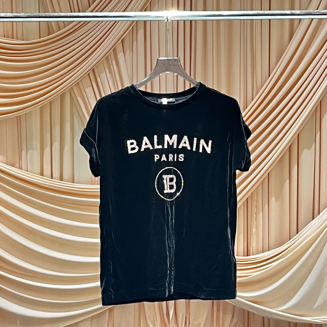99新 BALMAIN/巴尔曼 Balmain 黑色闪粉标语丝绒短袖/34码/33747