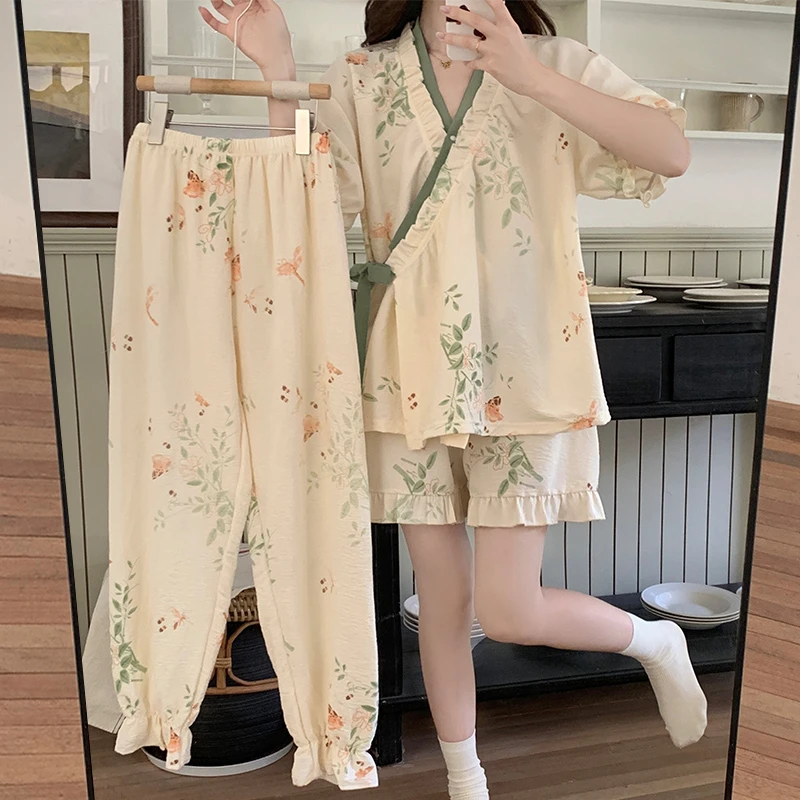 可外出女大学生睡衣女款爆款2025新款夏季短袖三件套高颜值家居服