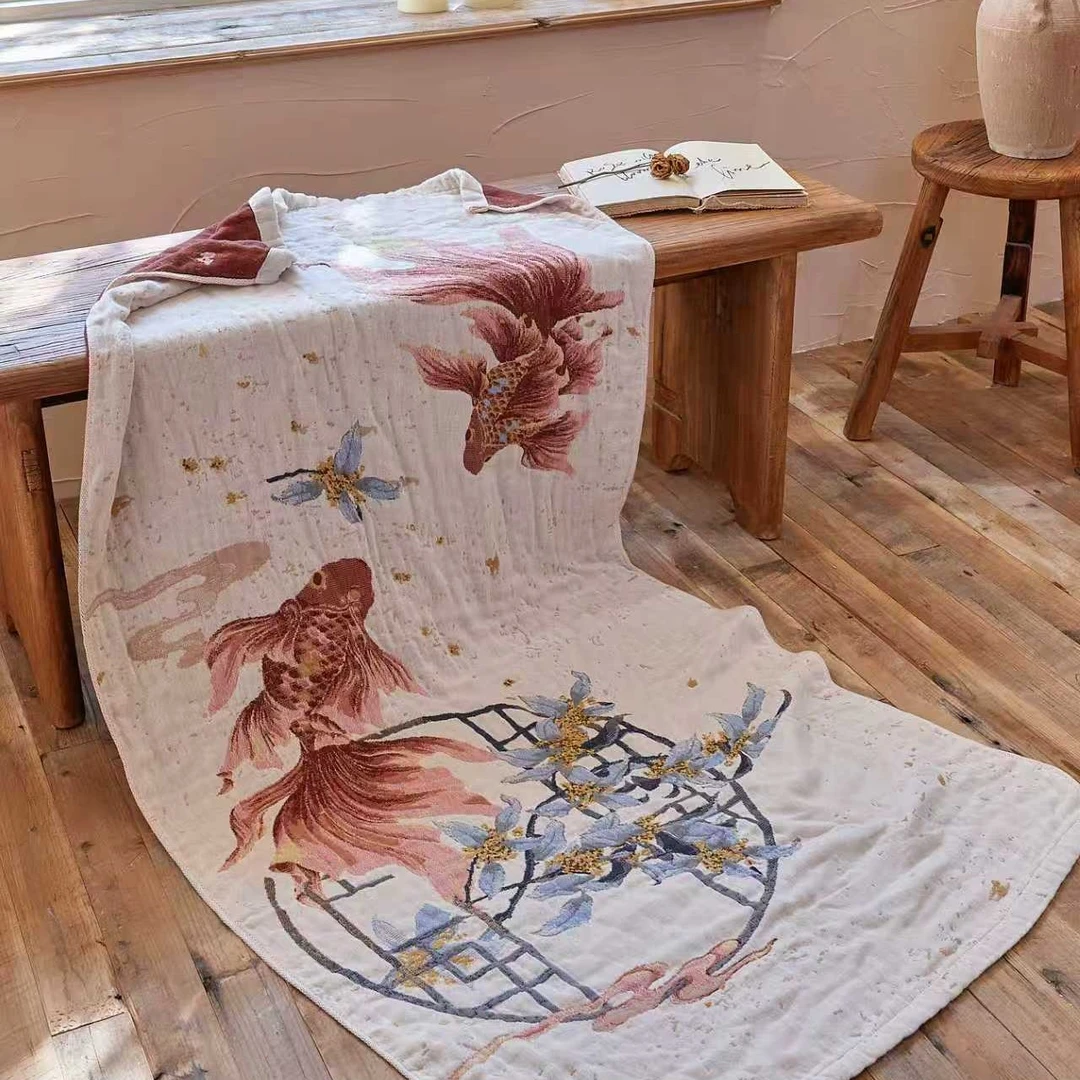 纯棉纱美学水洗棉麻浴巾75+150cm左右艺术感提花工艺（年年有余）