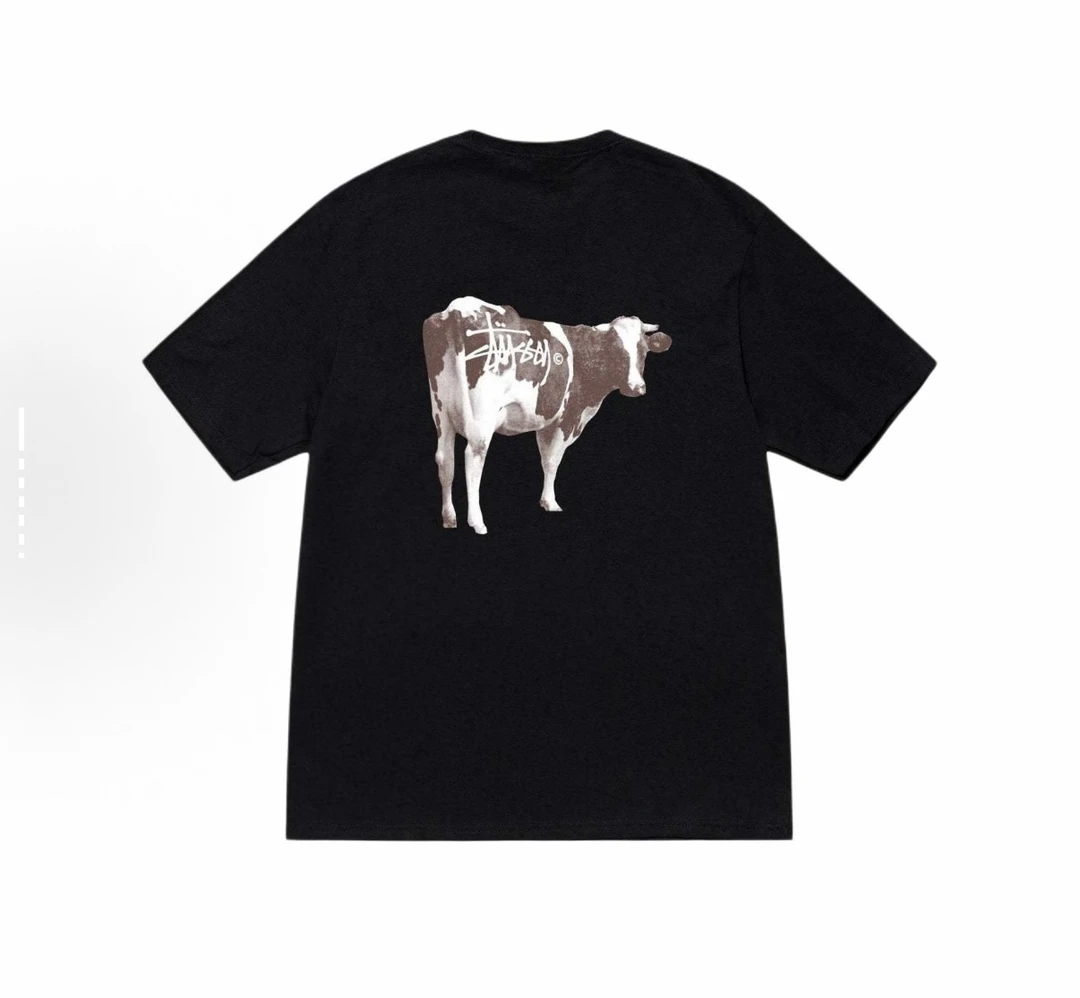 Stussy 奶牛印花图案圆领短袖T恤 黑色