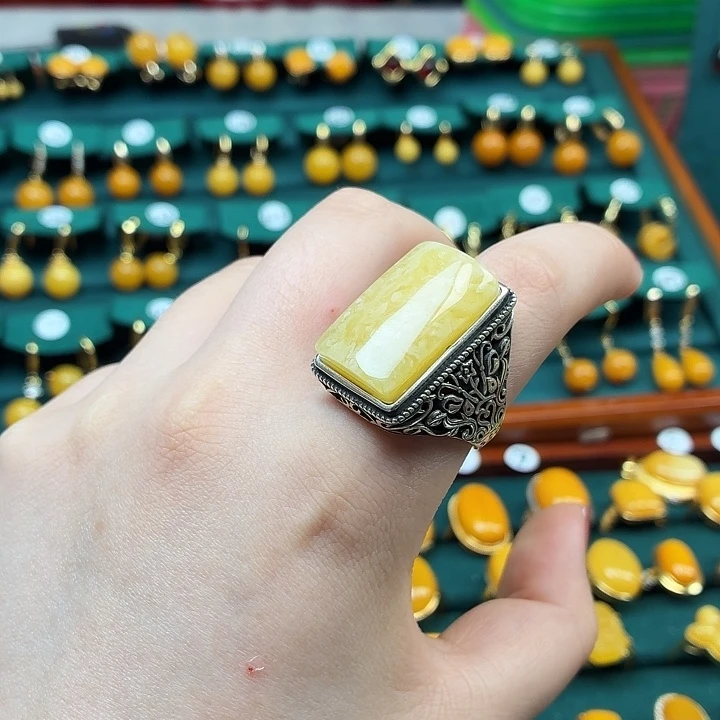 琥珀银S925镶嵌戒指