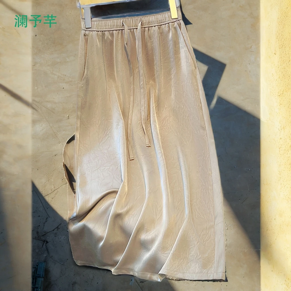 醋酸缎面2025新款夏季高腰垂感薄款印花开叉a字女半身裙高级