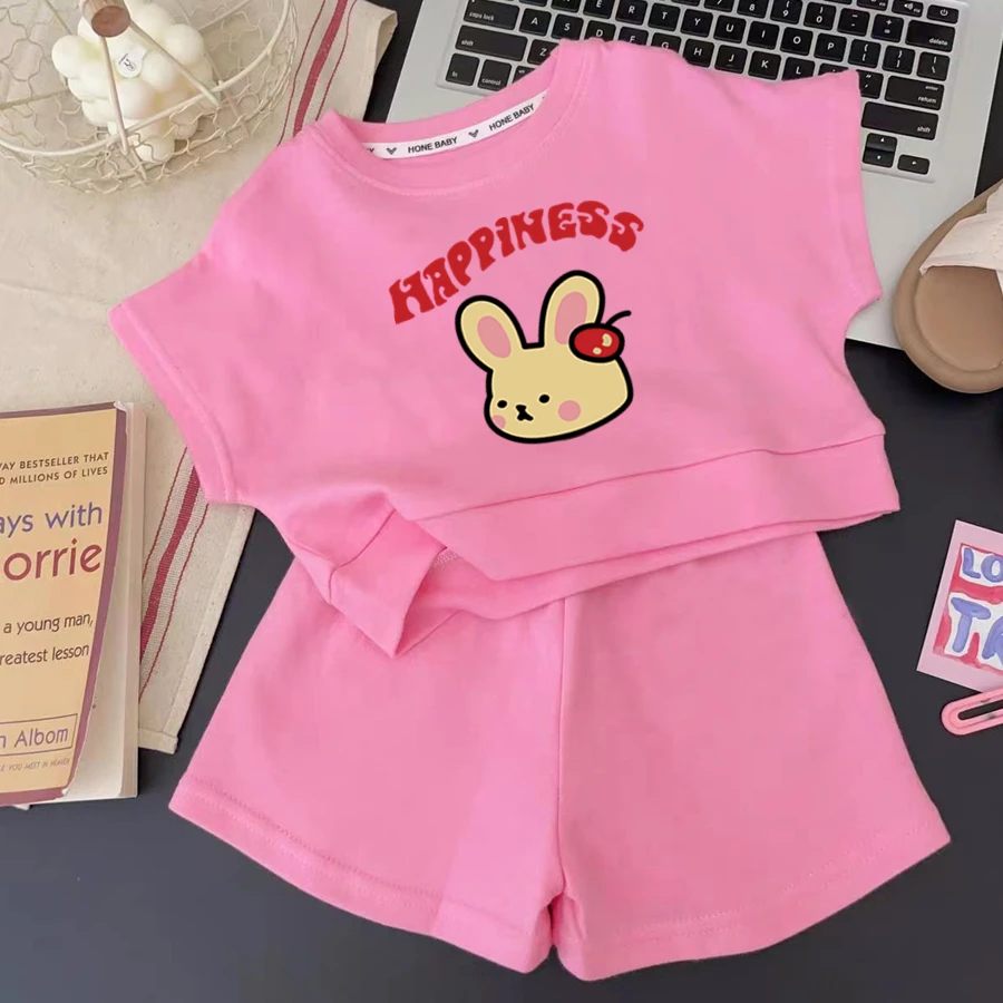 夏季女童蝙蝠袖套装套头网红粉色洋气时尚薄款休闲运动儿童卡通t