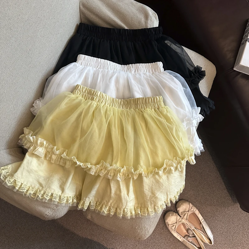 纯欲风蕾丝花边蓬蓬半身裙女夏季松紧腰甜美网纱拼接a字蛋糕短裙