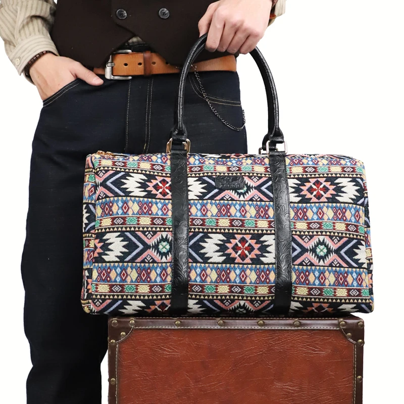 手工个性男女手提旅行包牛皮拼接提花毛毯大容量登机包出差短途行
