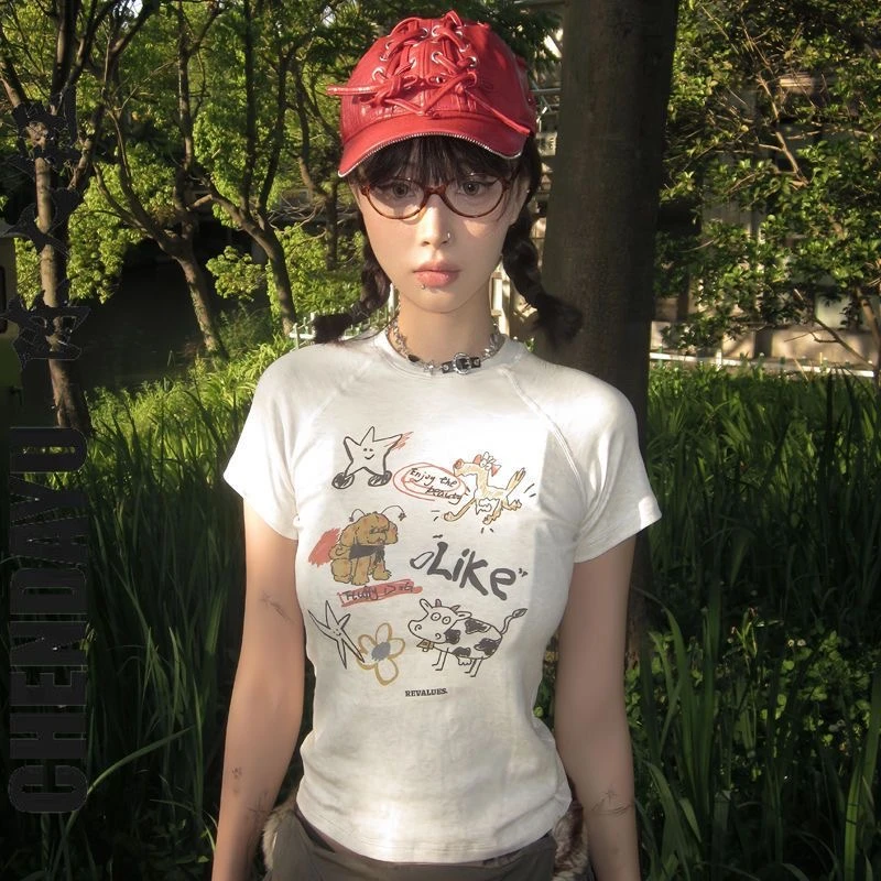 辣妹风纯棉夏季百搭正肩短袖美式童趣印花收腰显瘦T恤女修身装潮