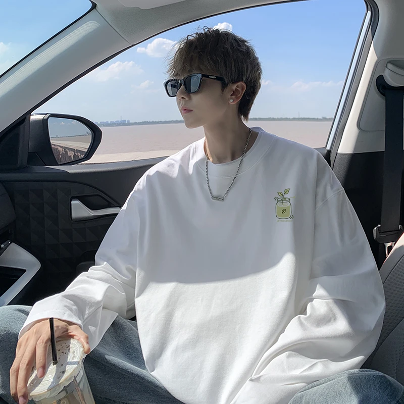 男士长袖t恤秋季纯棉白色春秋款上衣潮流内搭打底衫圆领秋季长袖