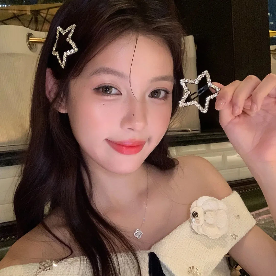W爆闪满锆镂空星星发夹女精致侧边发夹bb夹高级感前额刘海夹发饰