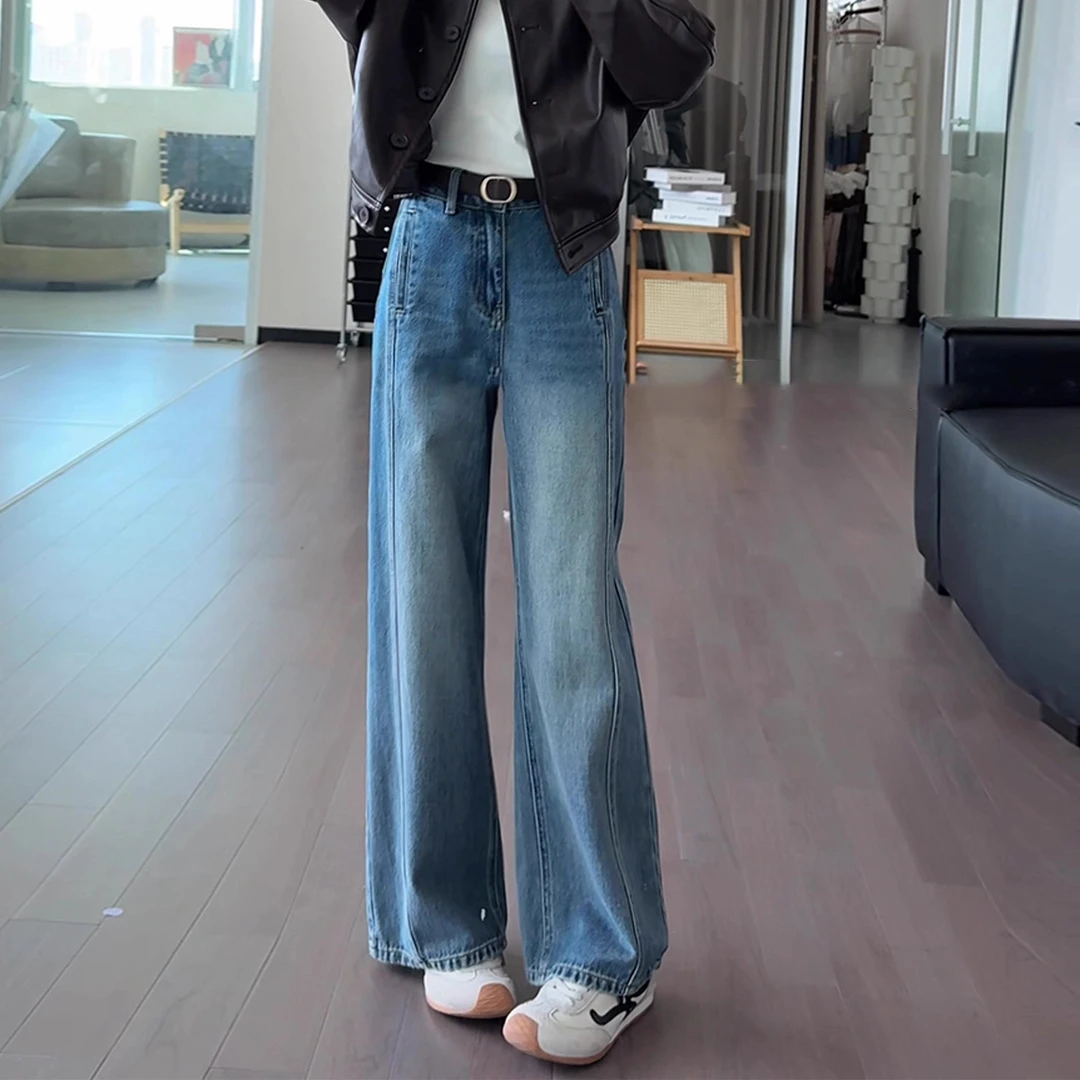 复古蓝色阔腿牛仔裤女2025年秋季新款高腰显瘦宽松百搭直筒弯刀裤