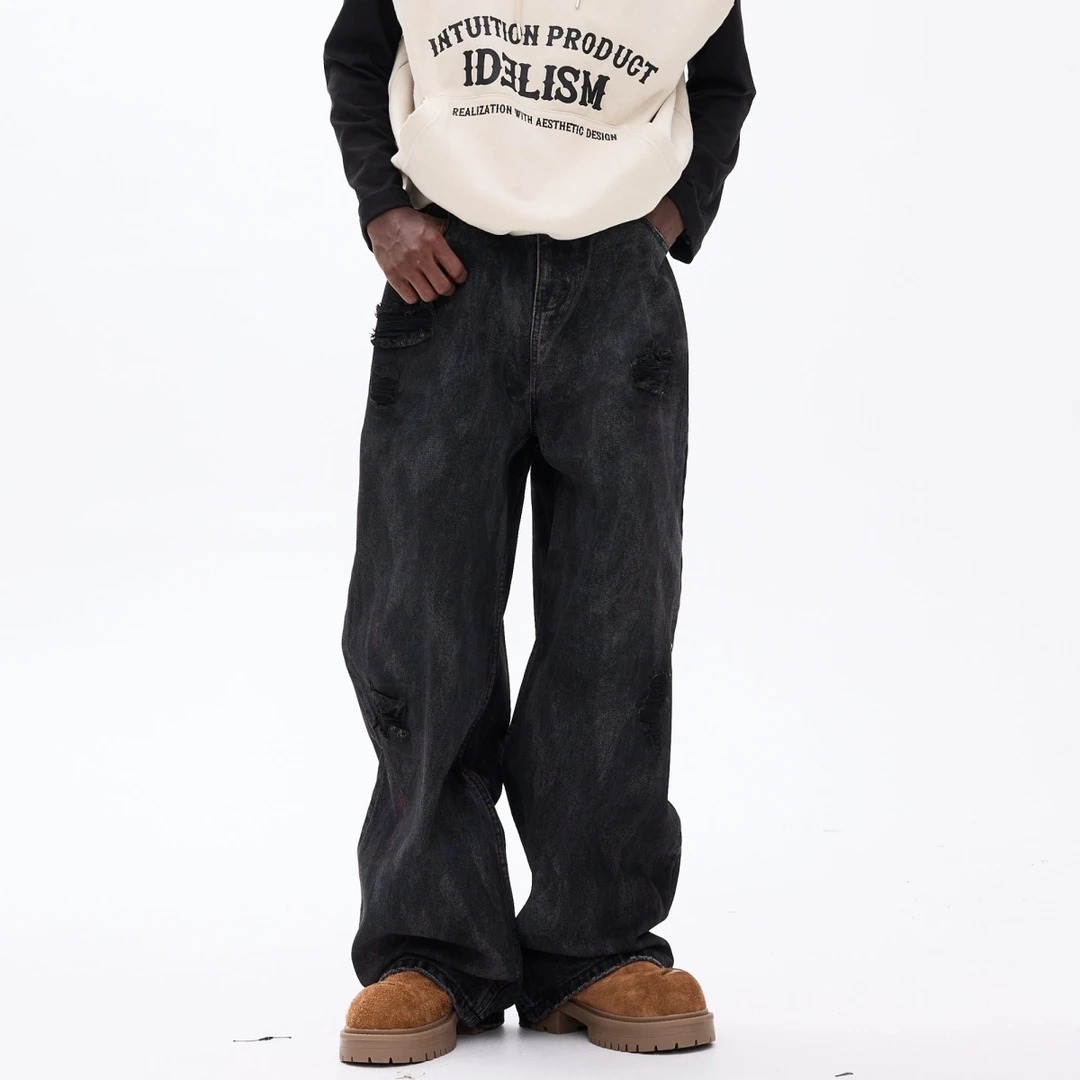 新款潮牌宽松大直筒黑灰色水洗涂鸦假破洞牛仔裤休闲复古美式裤子