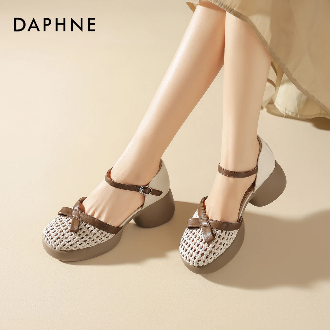 达芙妮厚底凉鞋女2025新款夏季镂空编织猪笼鞋复古罗马休闲凉拖鞋