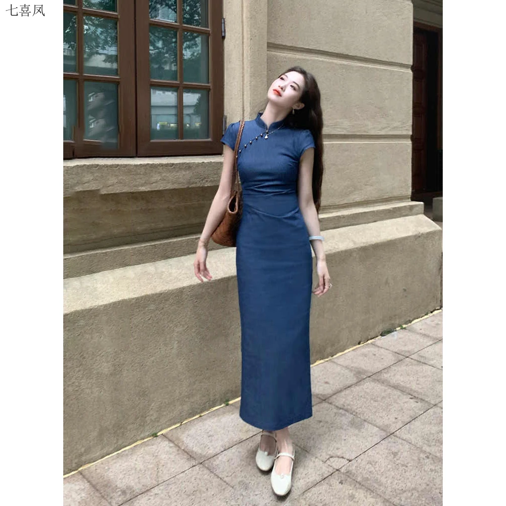蓝色复古改良款中国风修身连衣裙国风年轻女士夏季可穿日常