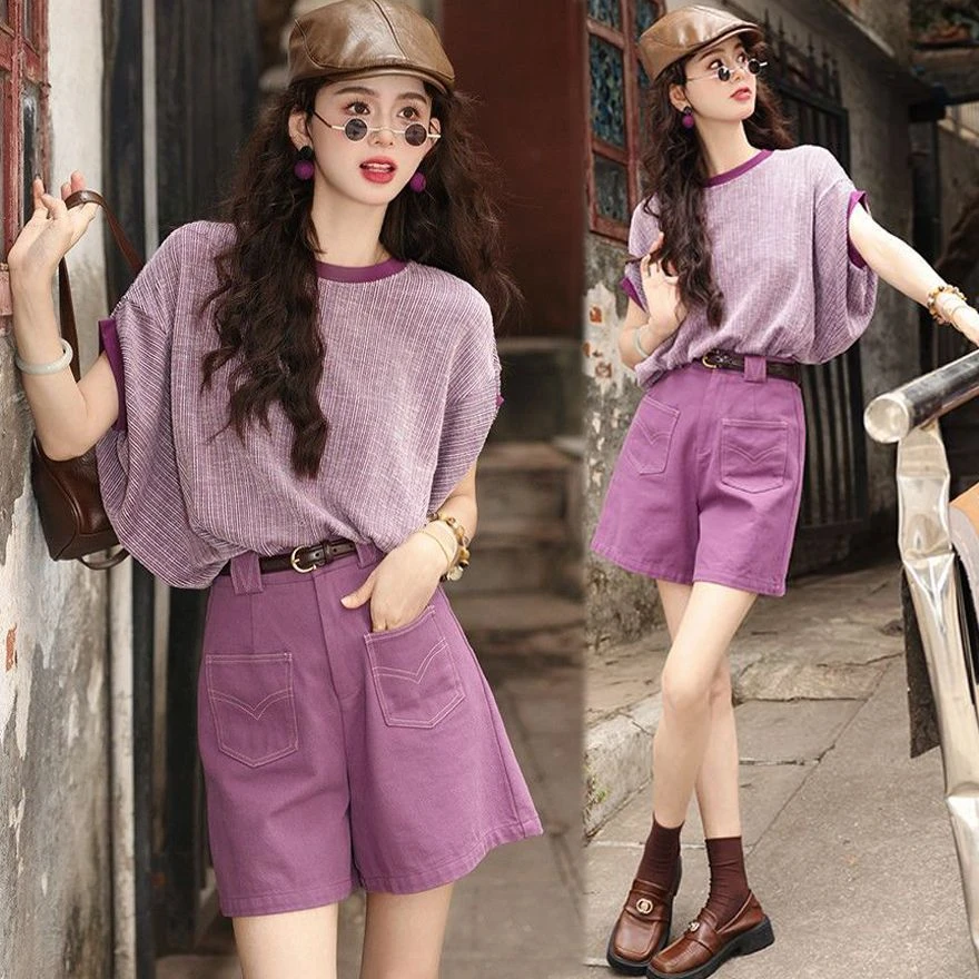 25新款夏季短袖T恤女休闲气质宽松圆领上衣牛仔阔腿短裤两件套装