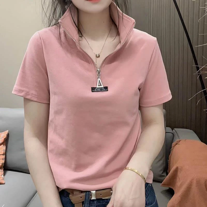 时尚纯棉短袖T恤女2025年夏季新款气质宽松显瘦白色立领休闲上衣