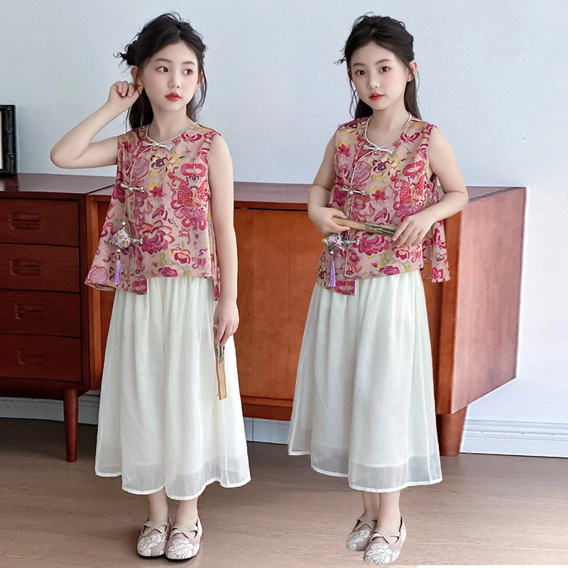 女童新中式国风套装夏季2025新款儿童夏装无袖上衣女孩汉服两件套