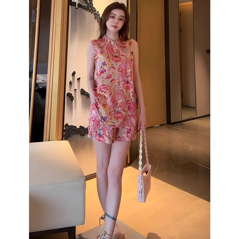 国风2025夏季新款时尚设计精致无袖立领宽松上衣高腰短裤两件套