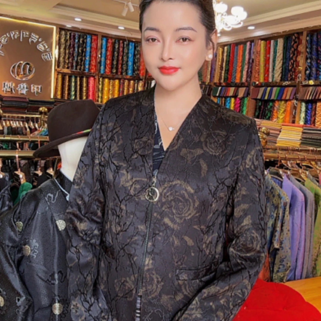 女士早春香云纱暗扣长袖开衫口袋通勤气质外套