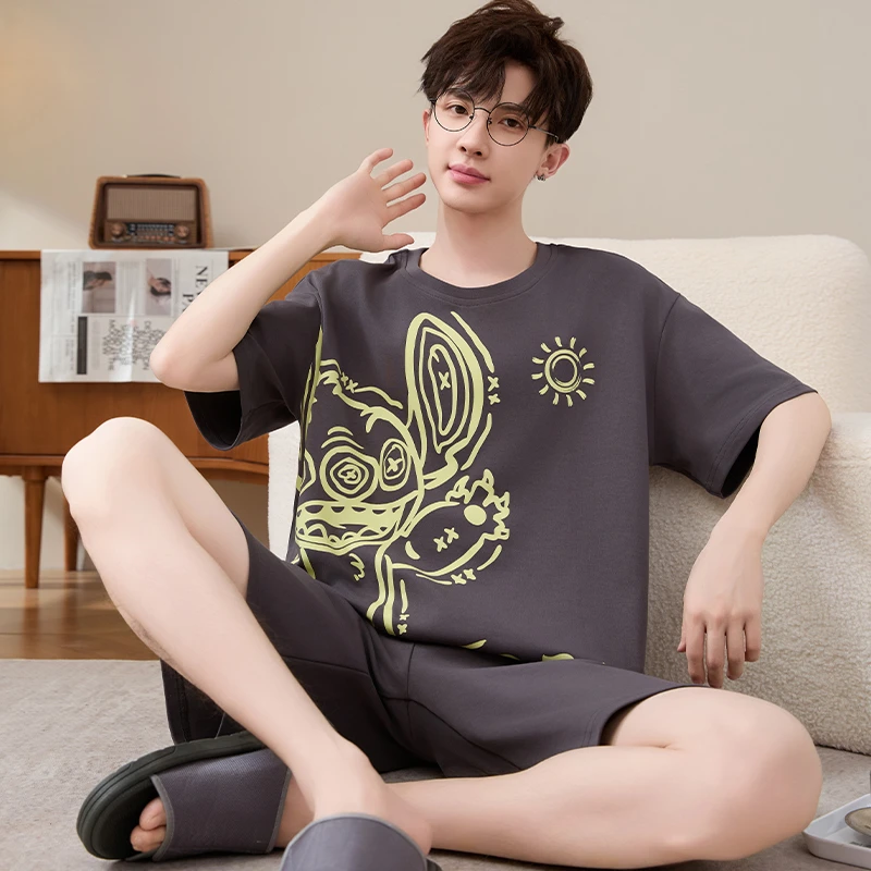 2025新款夏季卡通纯棉男士睡衣短袖短裤休闲青少年家居服薄款套装