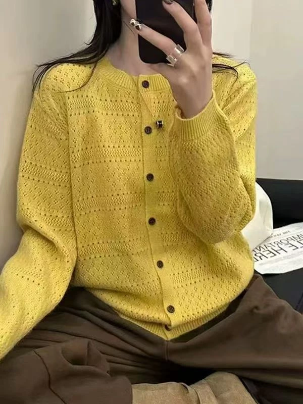 镂空提花圆领针织开衫女秋季2025新款高级感气质宽松外搭毛衣外套