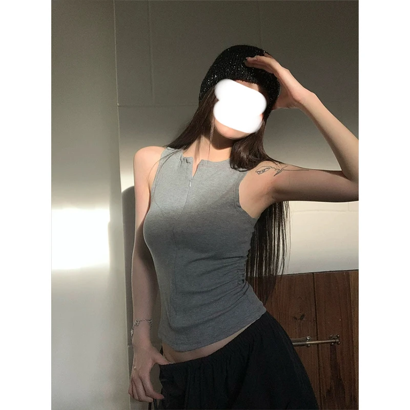 Moses Queen/魔西女王辣妹拉链无袖吊带背心夏季修身显瘦纯色上衣